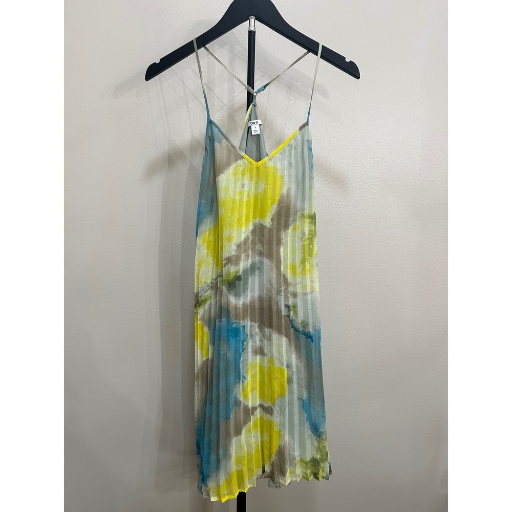 Bar III Watercolor Pleated Chiffon Midi Dress Size Small Blue Yellow